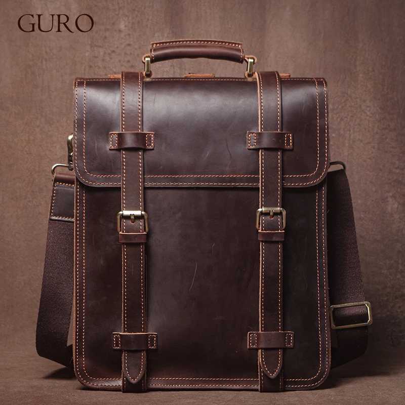 GURO Vintage Crazy Horse Cowhide Handbag Briefcase Mens Genuine Leather Backpack Luxury Shoulder Bag Multifunctional Crossbody W251022