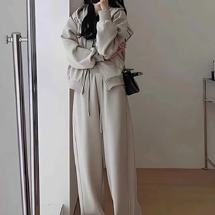 Cardigan Sweatshirt Matching Sets Zipper Hoodies Pant Sets Hooded Tracksuit Solid Drawstring Wide Leg Pants Pockets CasualT251022