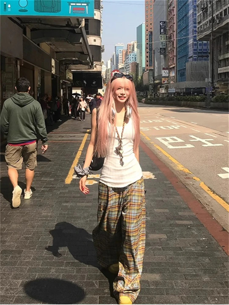 American Style Dopaamine Checkered Wide Leg Pants Women Summer Vintage Loose Casual Drapey Long Trousers Fashionable Loose Fit 251016