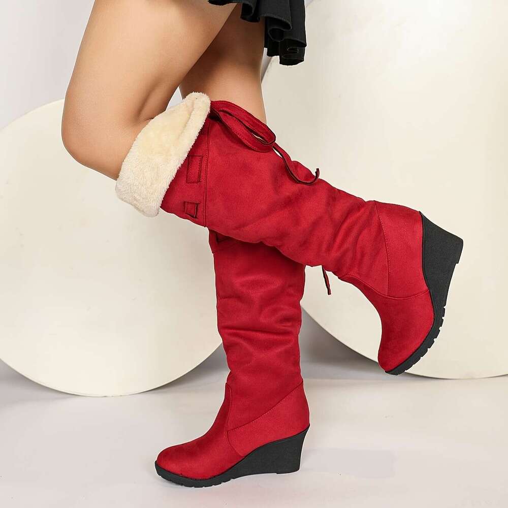 Women's Winter Slip-On High-Heel Knee-High With Fleece Lining Thick Rubber Sole - Sexy Western Style Round Toe Boots In Black Red, Hand Washable 