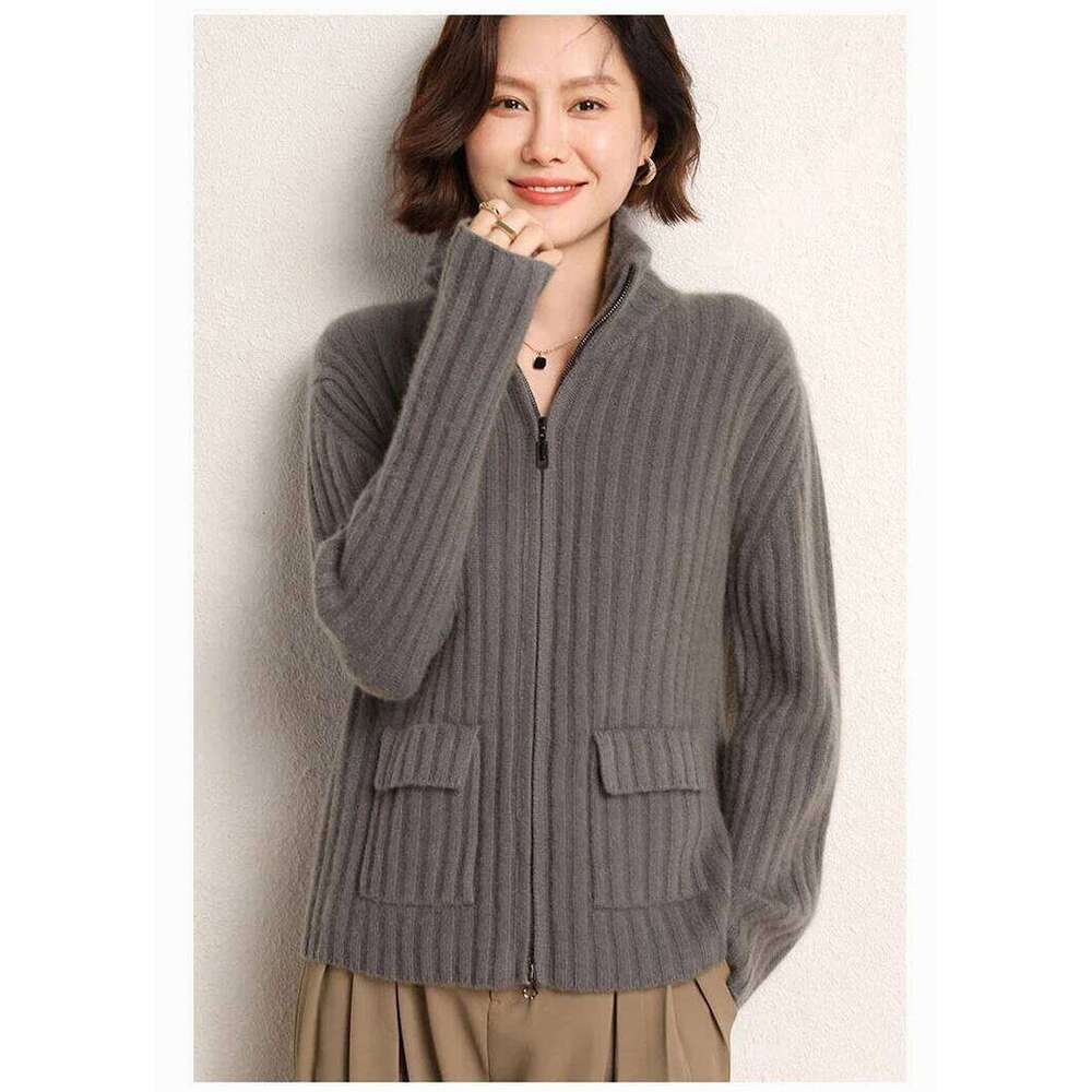 Women's Heavy Three-Strand Pit Pure Cashmere Cardigan Stand-Up Collar Zipper Knitted Sweater Ingenious Craftsmanship Loose Coat 251022