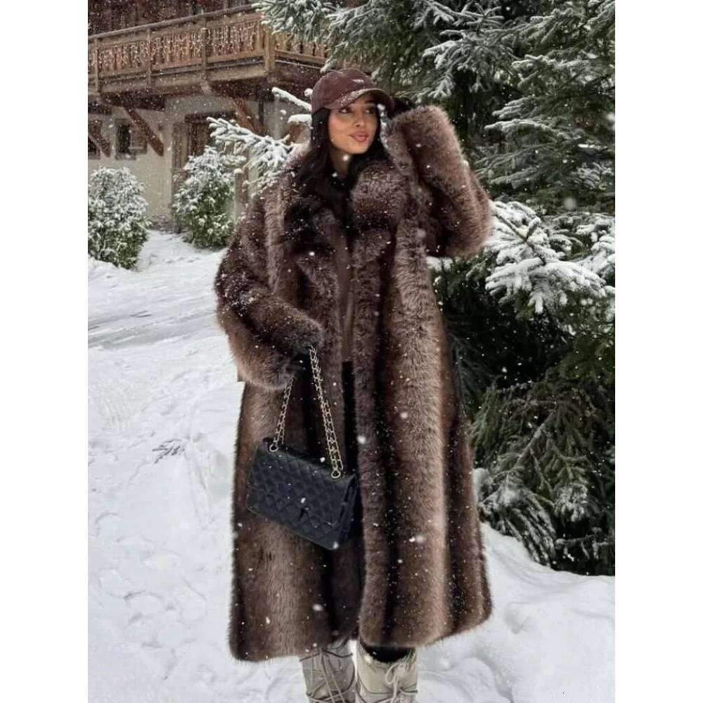 Lapel Long Faux Fur Coat For Women Solid Full Sleeve Furry Loose Jackets Fashion Ladies Winter Warm High Street Outerwear