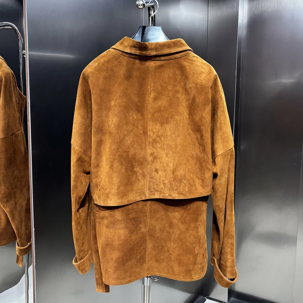 Elegant Real Sheepskin Leather Jacket for Women Oversized with Belt Autumn Fashion Female Outerwear 251021