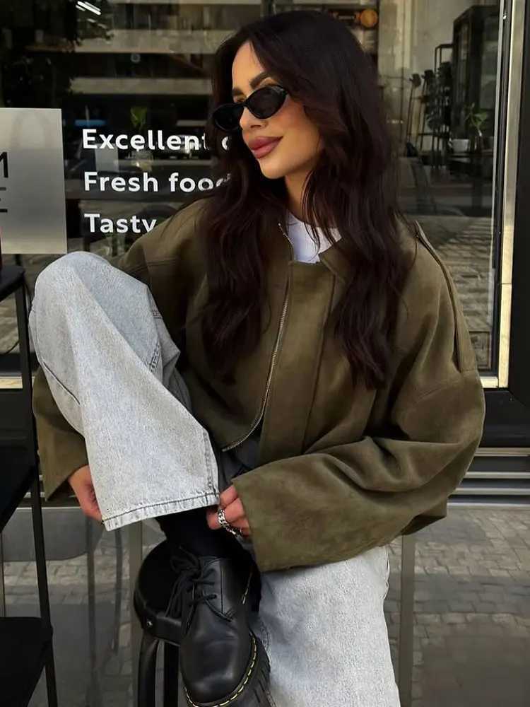 HH Autumn Women Loose Casual Suede Overcoat Jackets Vintage Solid Long Sleeve Zipper Bomber Jacket Fashion Lady Streetwear Coats Y251105