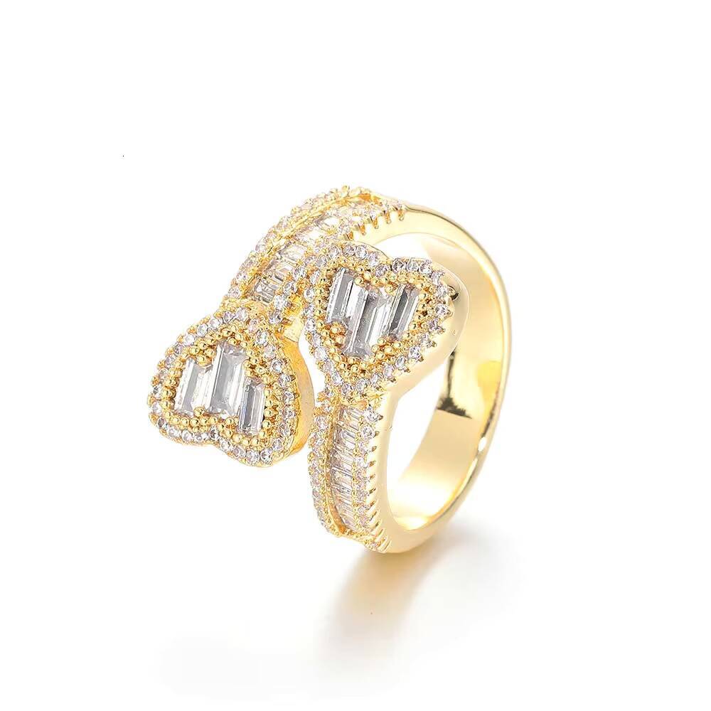 Nuoya High Quality Iced Out Baguette CZ Heart Shape Diamond Ring Double Heart Open Finger Ring