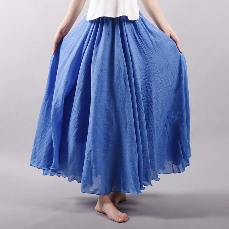 Women Linen Cotton Long Skirts Elastic Waist Pleated Maxi Skirts Beach Boho Vintage Summer Skirts Faldas Saia 251022