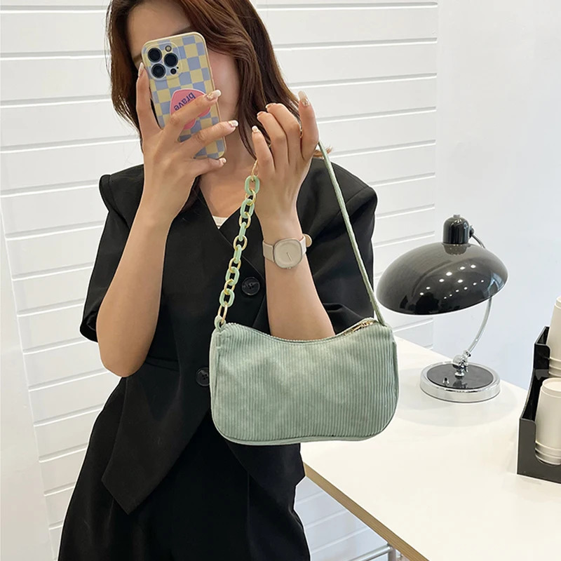 Fashion Vintage Handbag Autumn Winter Corduroy Underarm Bag Zipper Shoulder Small Bags Female Soft Casual Clutch 251018