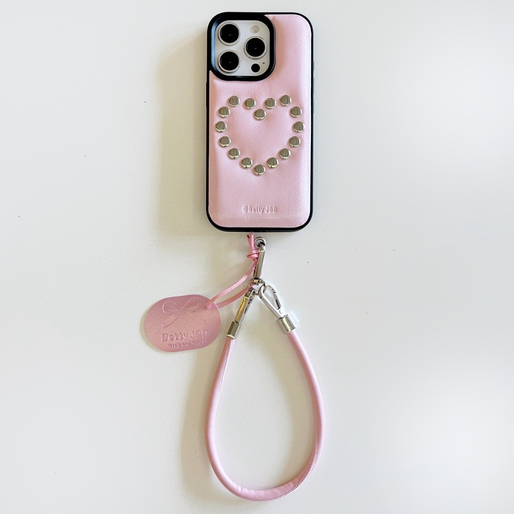 Oil Wax Leather Heart Rivet Phone Case Compatible with iPhone 17/16 Pro Simple Lanyard iPhone 15/14 Niche