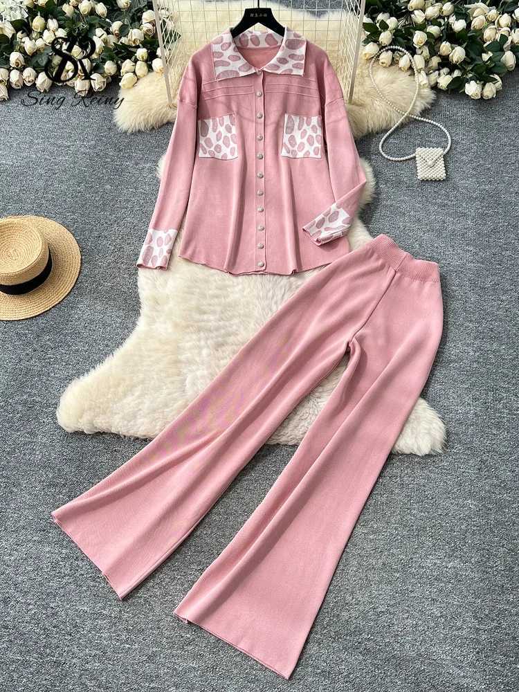 SINGREINY Winter Leopard Casual Suits Fashion Women Loose Knit ShirtElastic Wide Legs Long Pants Print Sweater Two Pieces SetsT251022