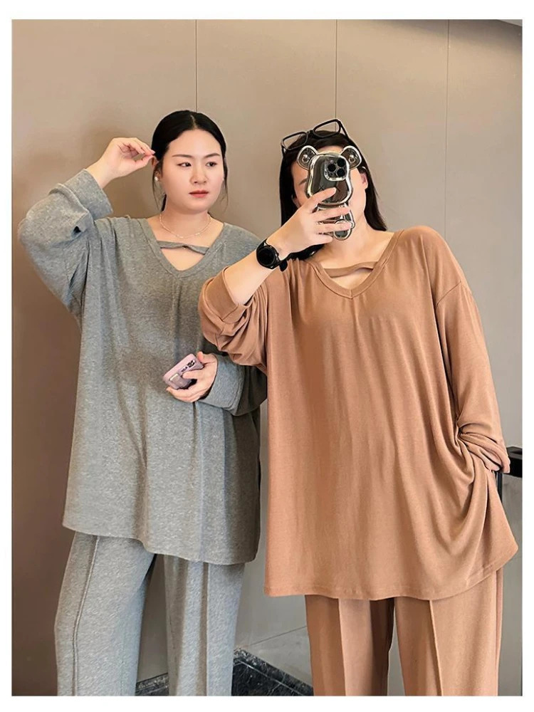 150KG Extra Large Size Loose Pajamas Women Solid Longsleeved Vneck Twopiece Set Spring Casual Loungewear Can Be Worn Outside 251022