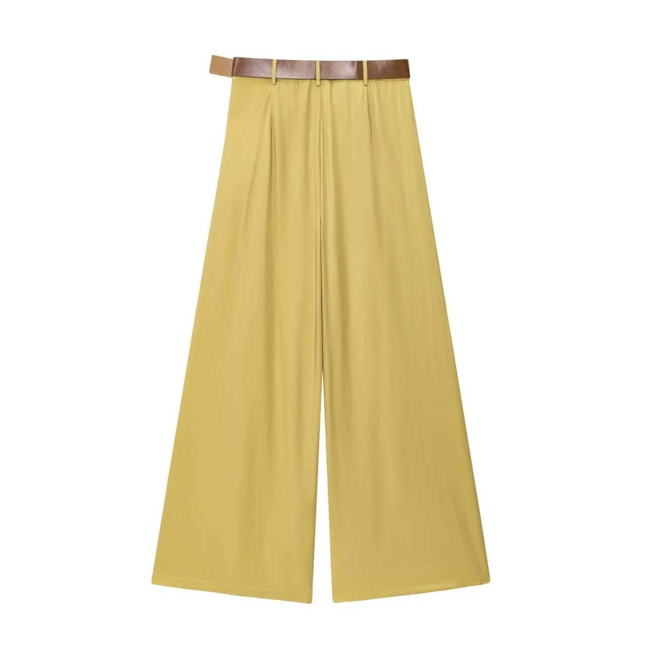 Womens Wide Leg Pants With Belt Solid High Waist Folded Pocket Decoration Spring Autumn Casual Long Trousers PantsT251022