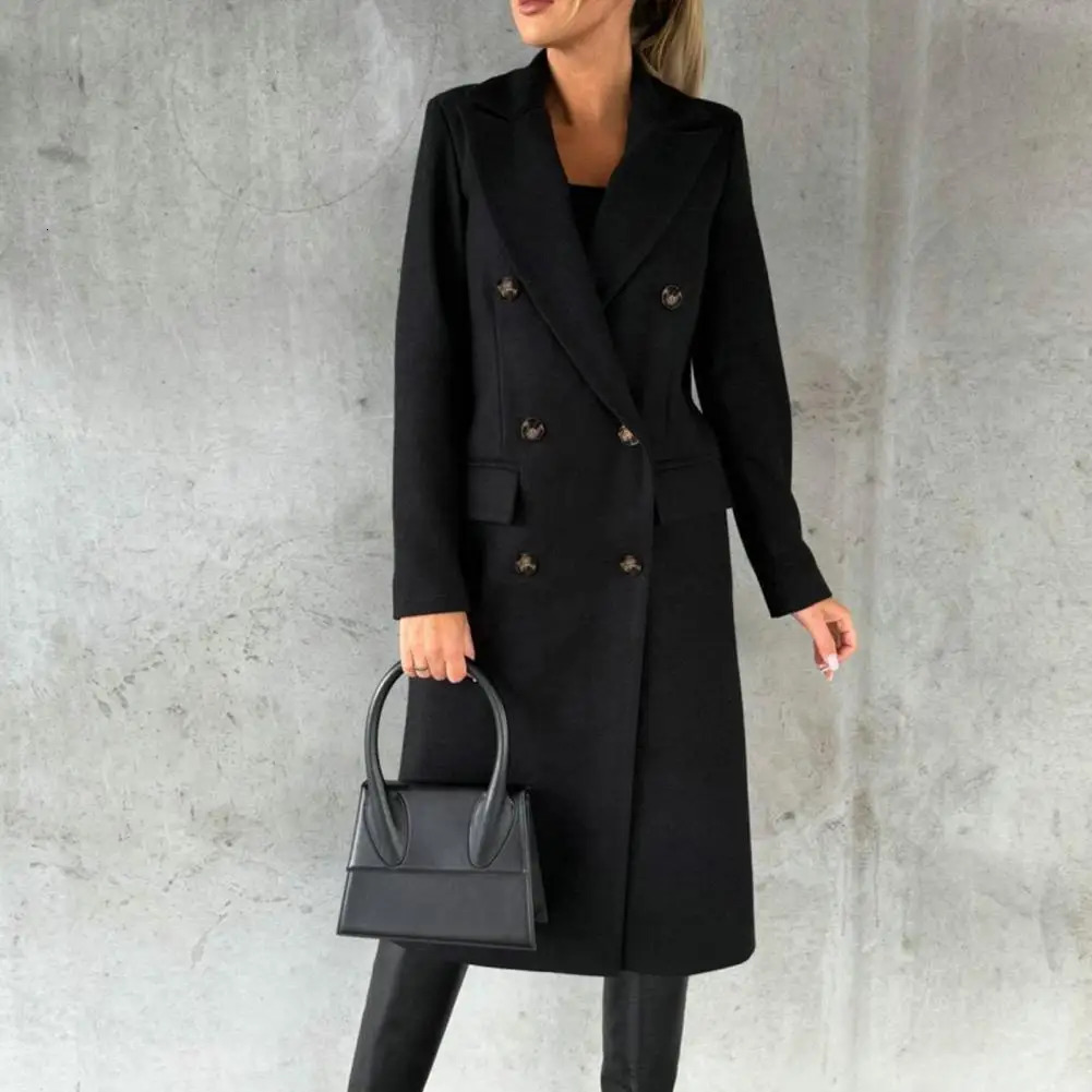 Autumn Winter Women Woolen Coat Solid Color Turndown Collar Buttons Lady Long Jacket Double Breasted Calflength Female Overcoat 251020