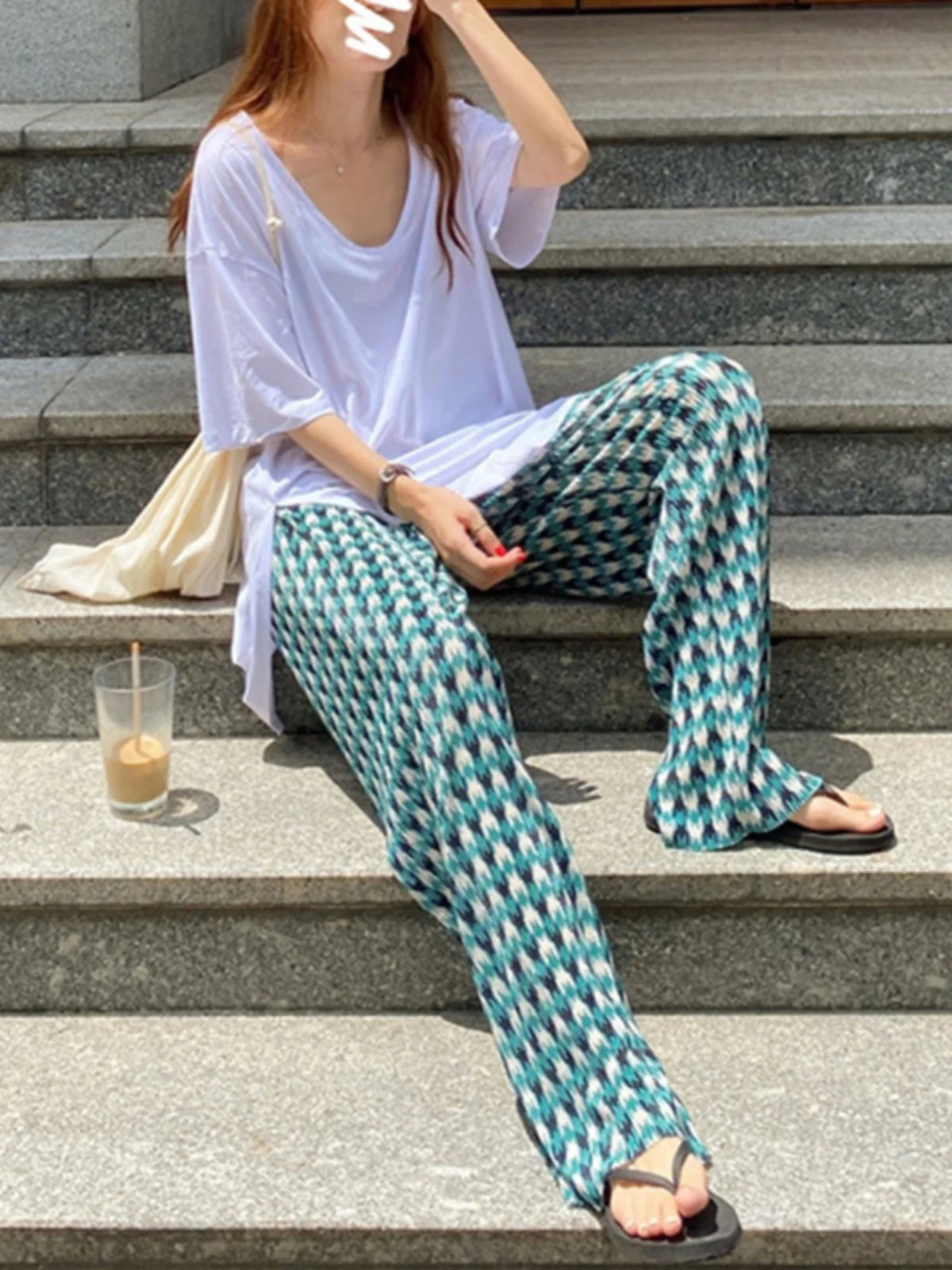 Ice Silk Wide Leg Pants Womens Summer Thin Plaid Casual Chiffon Cool Air Conditioning Sun Protection Folded Trousers 251016