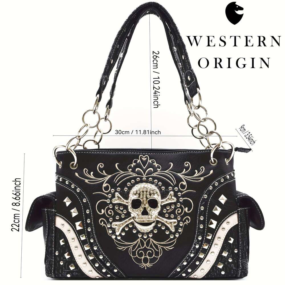 Punk Gothic Rock Metallic Day Of The Dead Floral Sugar Skull Faux Leather Purse Women Handbag Shoulder Bag Wallet Set