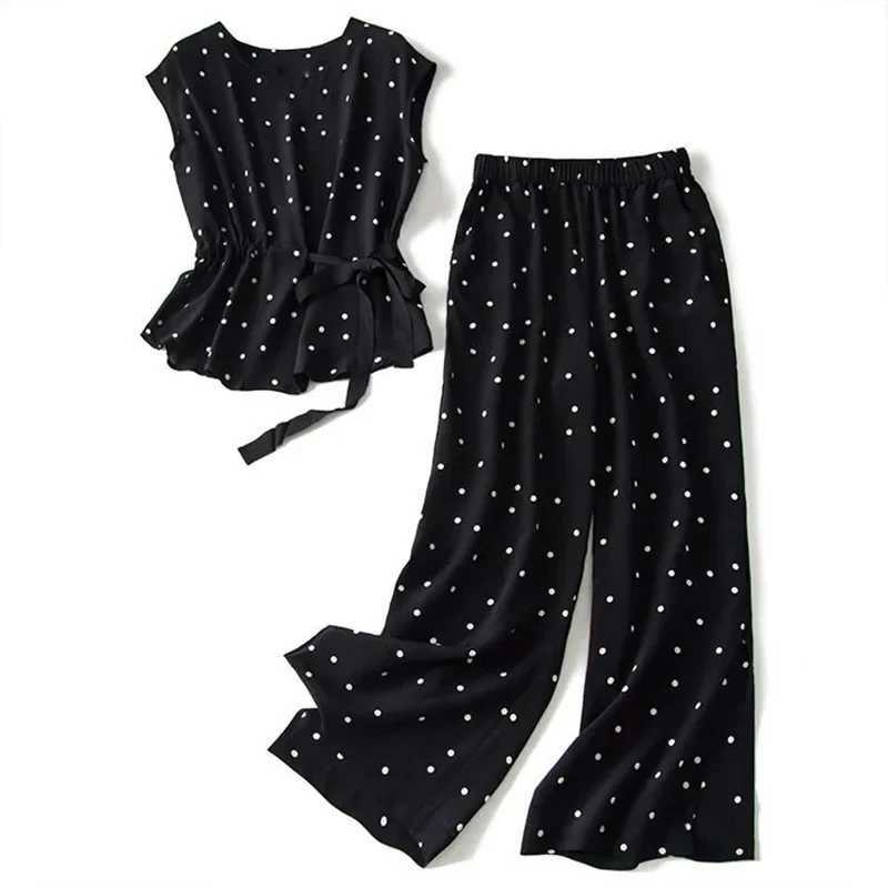Two Piece Set Polka Dot ONeck Lace Up Short Sleeve Blouses Shirt Elastic High Waist Wide Leg AnkleLength Pants Sets For WomenT251022