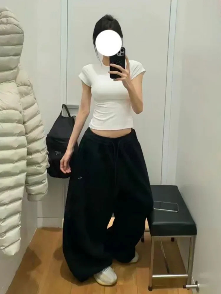 Y2K Streetwear Gray Sweatpants Woman Korean Oversized Loose All Match Sports Pant High Waist Drawstring Casual Wide Leg Trousers 251022