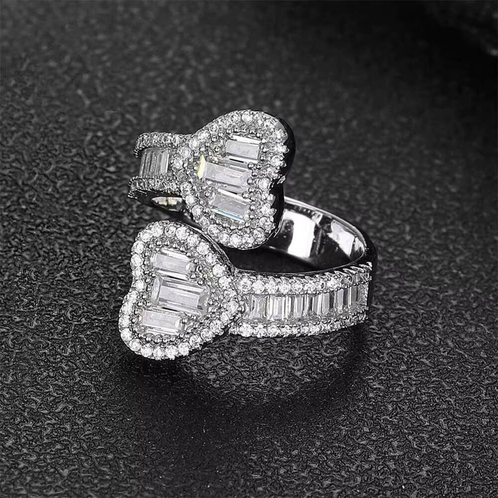 Nuoya High Quality Iced Out Baguette CZ Heart Shape Diamond Ring Double Heart Open Finger Ring