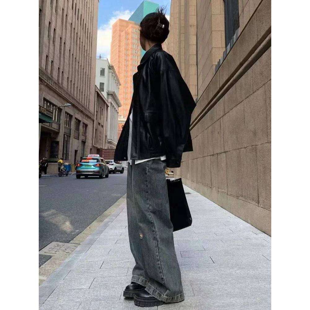 Vintage PU Leather Jacket Women High Street Techwear Oversized Moto Biker Coats BF Punk Loose Casual Cropped Outerwear