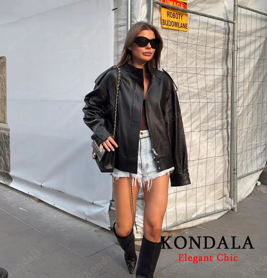 KONDALA Women Autumn Standup Collar PU Leather Jacket High Street Zipper Fashion Fall Winter Female Coat 251021