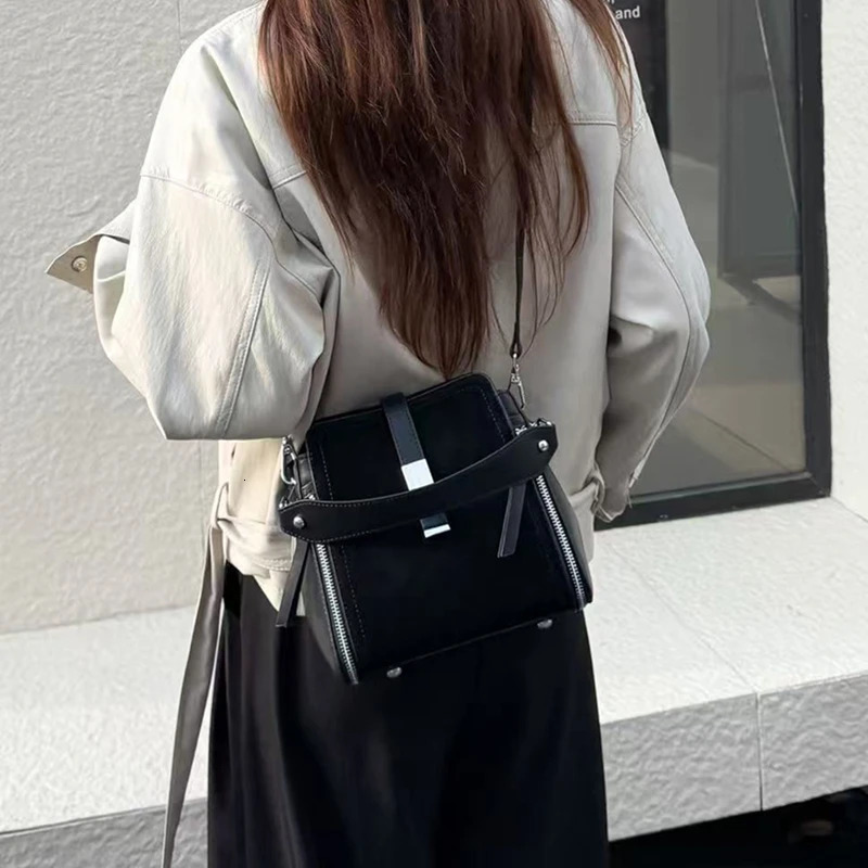 Burminsa Retro Suede Cowhide Genuine Leather Tote Handbags For Women 2025 Bucket Ladies Shoulder Crossbody Bags 251018