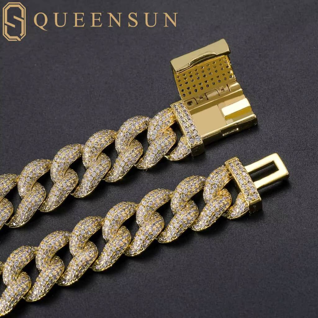 Queensun 18K Solid Gold Moissanite Hiphop Chain Link Bracelet 12mm Miami Cuban Party Bangles with Diamond White Gold Material