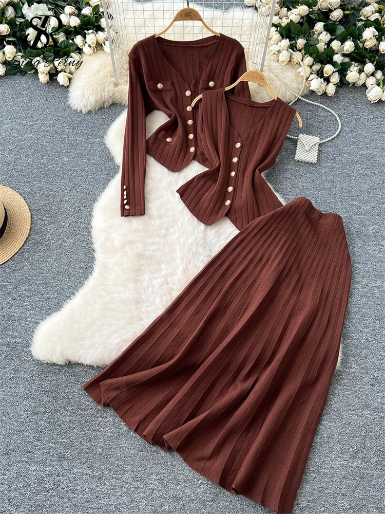 SINGREINY Senior Knitted OL Sets Women V Neck Full Sleeves TopsSingle Breasted Tank TopsElastic Waist Slim Skirt Warm Suits 251020