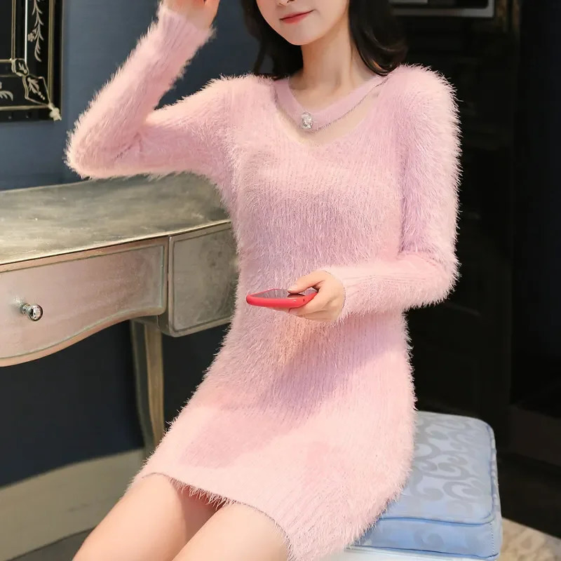 Womens MidLength Knitted Sweater VNeck Full Sleeve Faux Fur Base Layer Loose Fit Autumn Winter Style Korean Version 251016