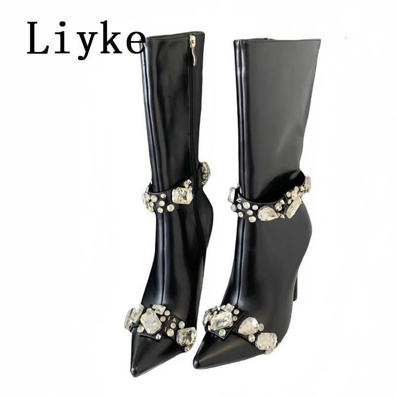 L ike Fashion Crystal Gem Rivet Women Autumn Winter Shoes Zip Ankle Chelsea Boots Sexy Pointed Toe Party Stripper Heels Booties Z251020
