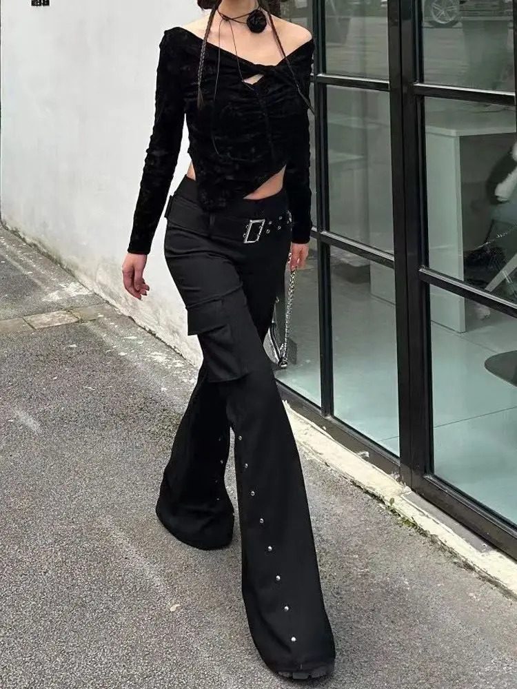 Retro pure black rivet n belt decorative slim pants for women y2k Harajuku Goth lowwaisted flared 251017