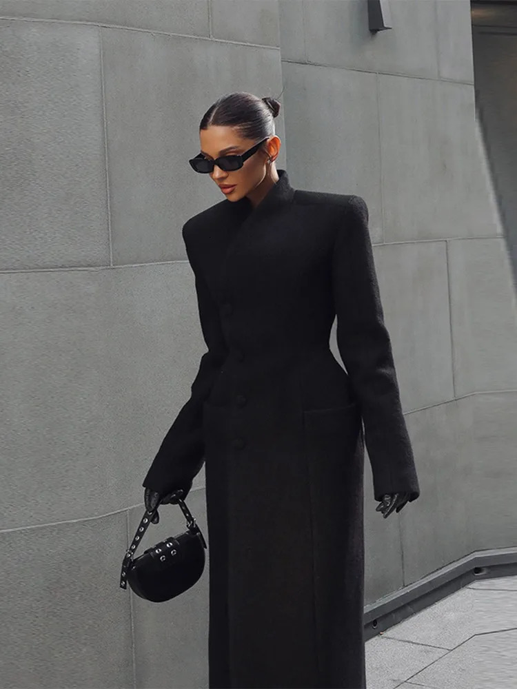 Black Tailored Long Coat Women Elegant Asymmetric Button Front Pockets Full Sleeve Crisscross Neck Jacket Casual Outerwear 251021