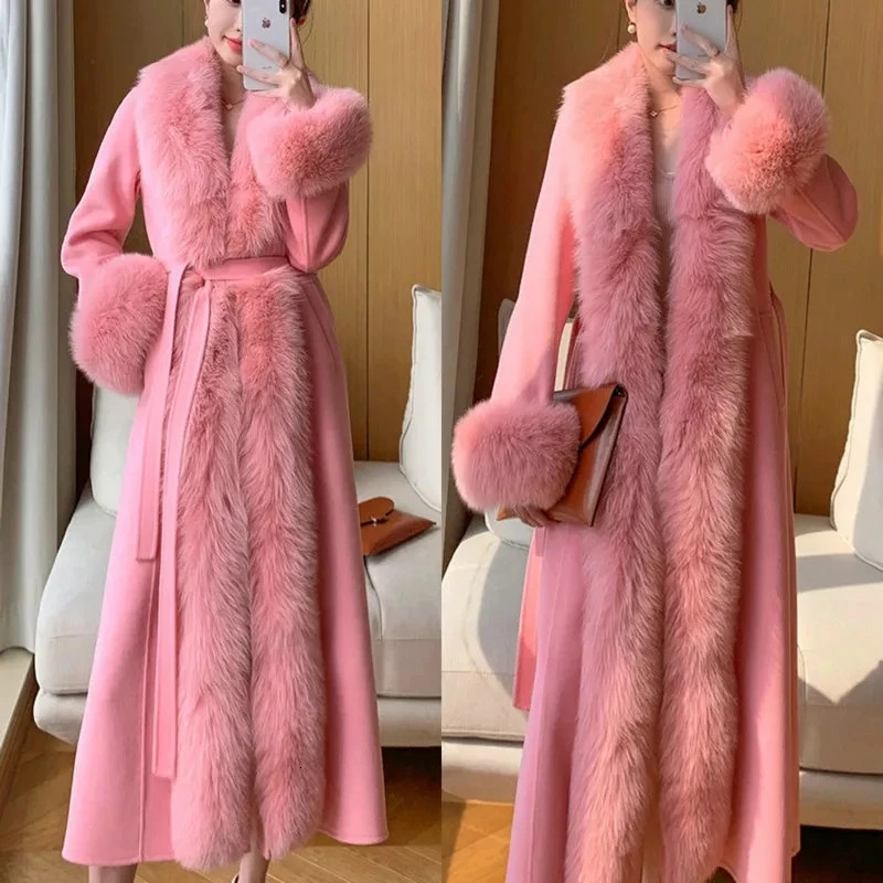 s Doublesided Cashmere Coat Women Elegant Fox Fur Collar XLong Overknee WaistSlim Large Size Woolen Coats 6XL 251020