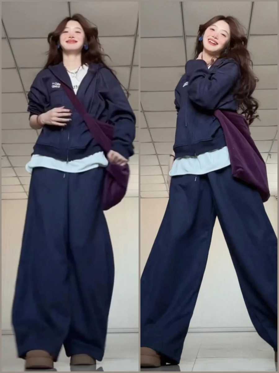 Tibetan Blue Womens Sportswear Set Korean Style Lazy Student Hooded Hoodie Sweatpants Loose Casual TwoPiece Spring OutfitT251022