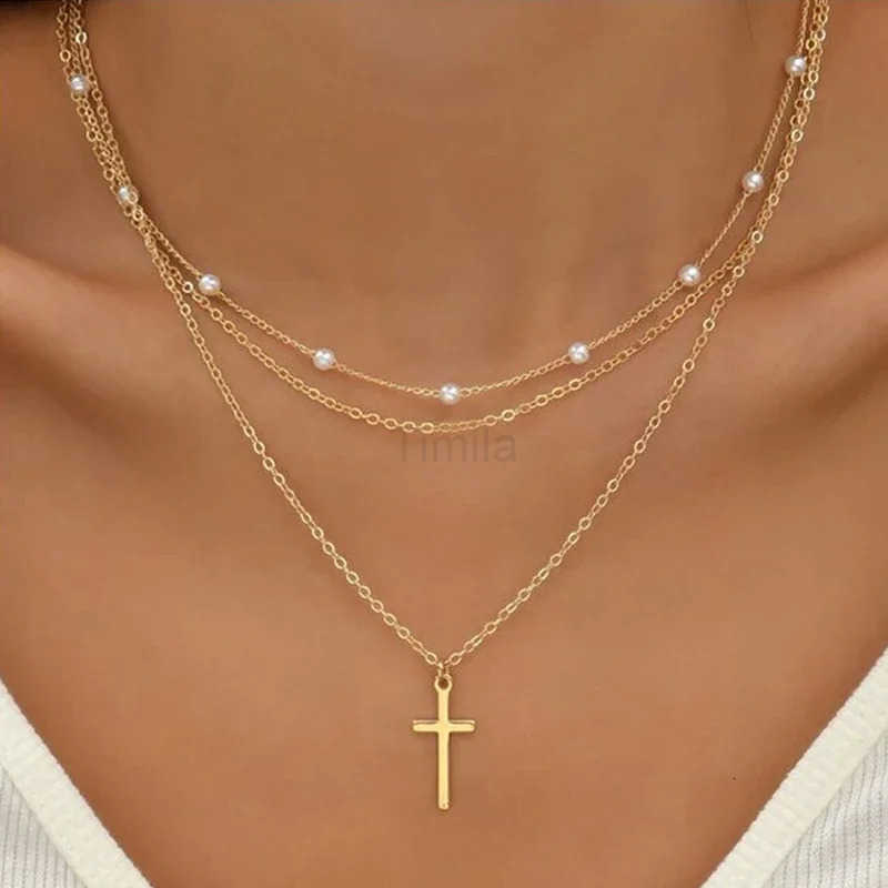 LATS Multilayer Pearl Cross Love Heart Pendant Necklaces for Women Gold Color Fashion Collarbone Neck Chain 2024 Trend Jewelry U251022