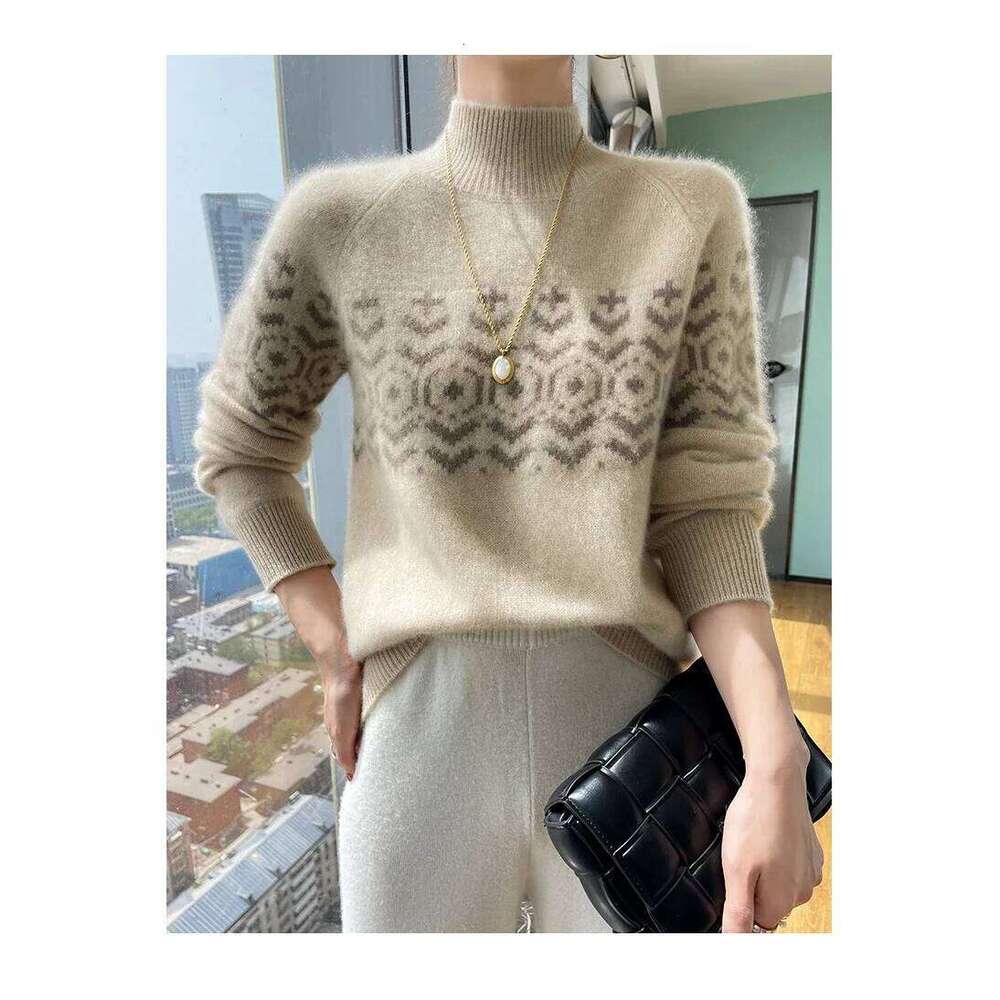 Women's 100% Pure Cashmere Jacquard Thick Knitted Loose Bottom High Neck Sweater For Autumn And Winter New Arrival 251022