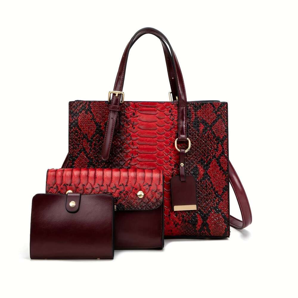 3-Piece Set Women's Crocodile Pattern Handbags, Stylish Faux Leather Tote With Matching Clutch & Wallet, Vintage Design Crossbody Bag