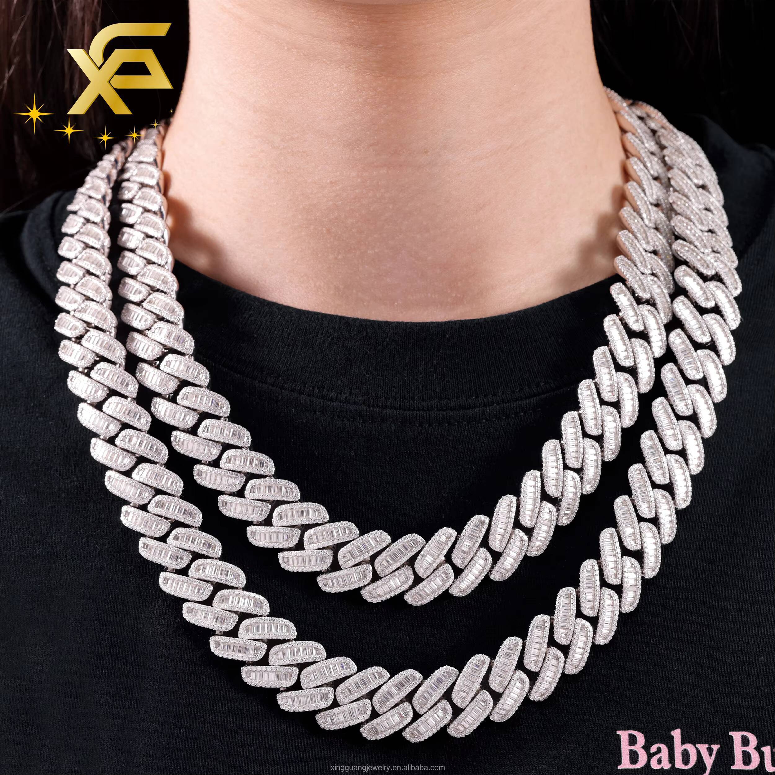 XG 925 Silver Baguette Diamond Ice Out Hip Hop Jewelry VVS Diamond 18mm Cuban Lidynamic Chain with GRA Certificate Fashion Necklaces