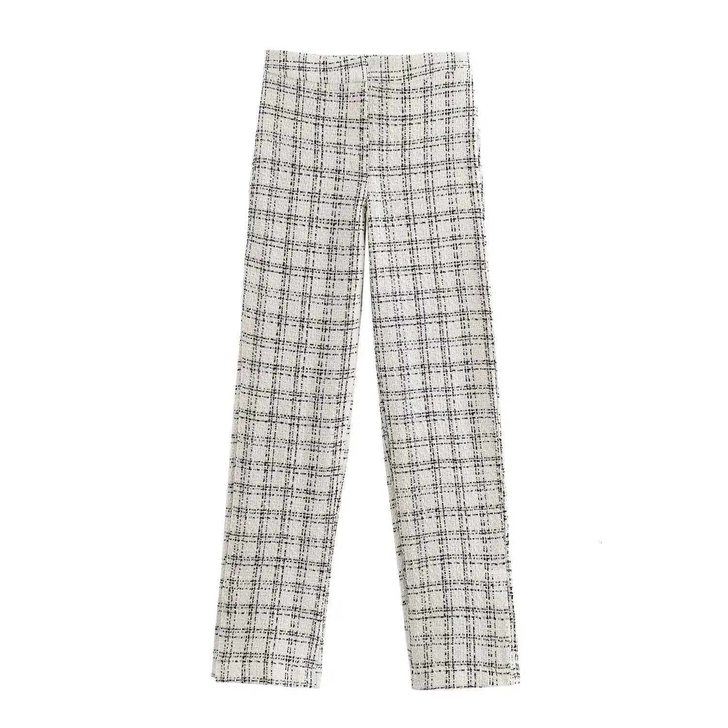 2025 New Womens Clothing European and American Style Fashionable Versatile Plaid Textured Casual PantsT251022
