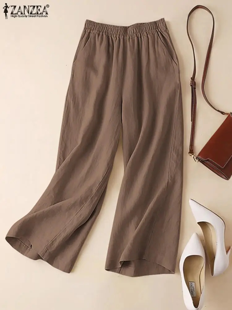 ZANZEA Summer Women Pants Cotton Linen Elastic Waist WideLeg Trousers Casual Lightweight Solid Palazzo Pantalones de Mujer 2025 251022