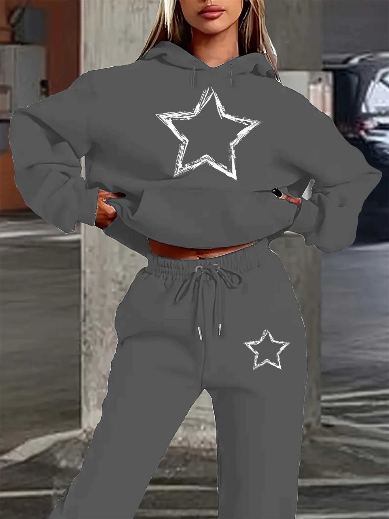 Womens autumn and winter fashion casual hiphop street pentagram pattern printed warm hooded sweatshirtsports pants setT251022