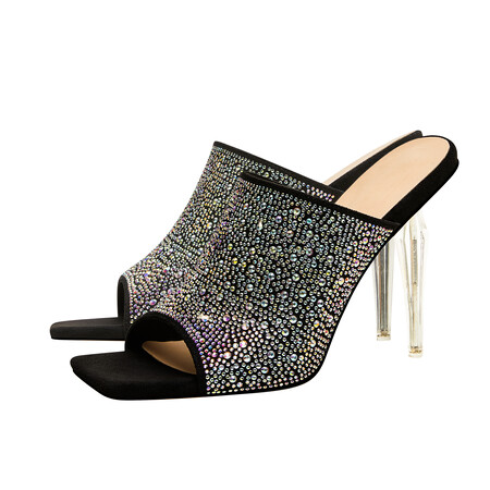 Chengdu Artisan Square Toe Crystal Heel Mule Sandals 11.5cm Stiletto Open Back Evening Shoes Black