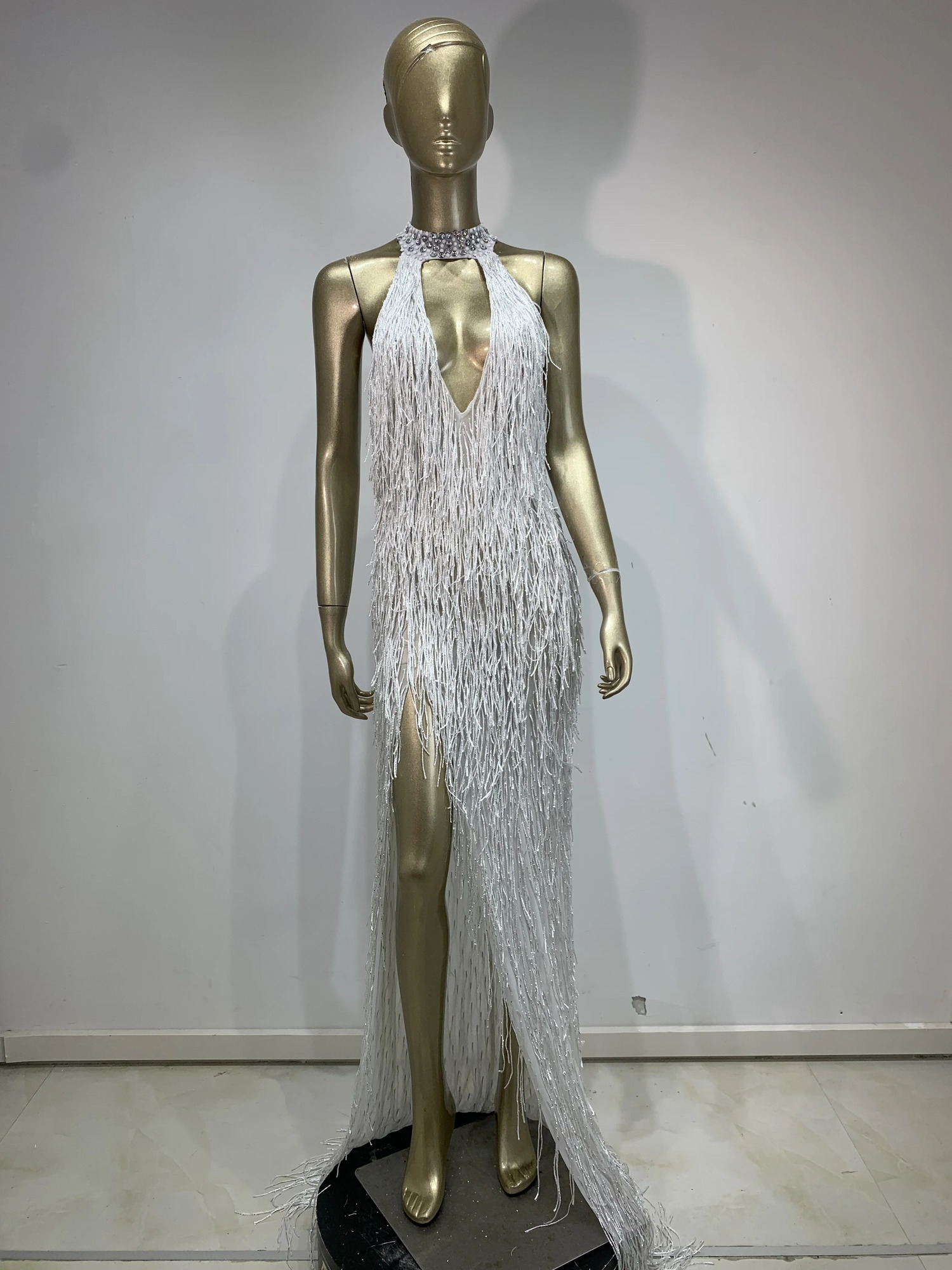 Women Shiny Gold Crystals Tassel Long Dress Sexy Hollow Out Elegant Prom Gown Evening Club Birthday Party Stage Outfit 251016