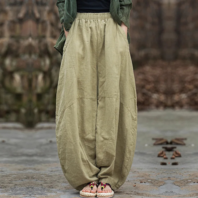 Elegant Womens Cotton Linen Baggy Cargo Pants Vintage Elastic Waist Yoga Trousers Loose Casual Long Wide Leg Oversize Clothes 251017
