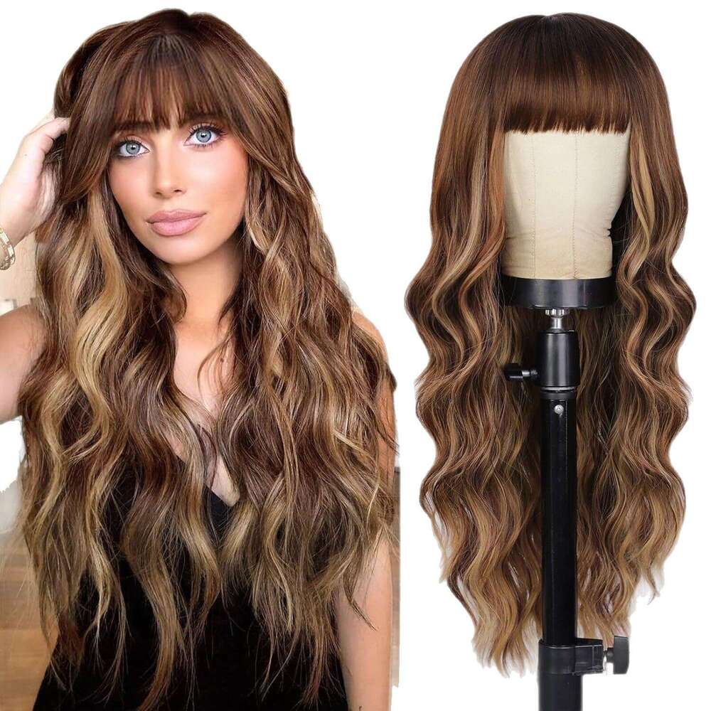 Temu Hot Selling For Women Black Gradient White Bangs Big Waves Long Curly Hair High Temperature Fiber Full Wig