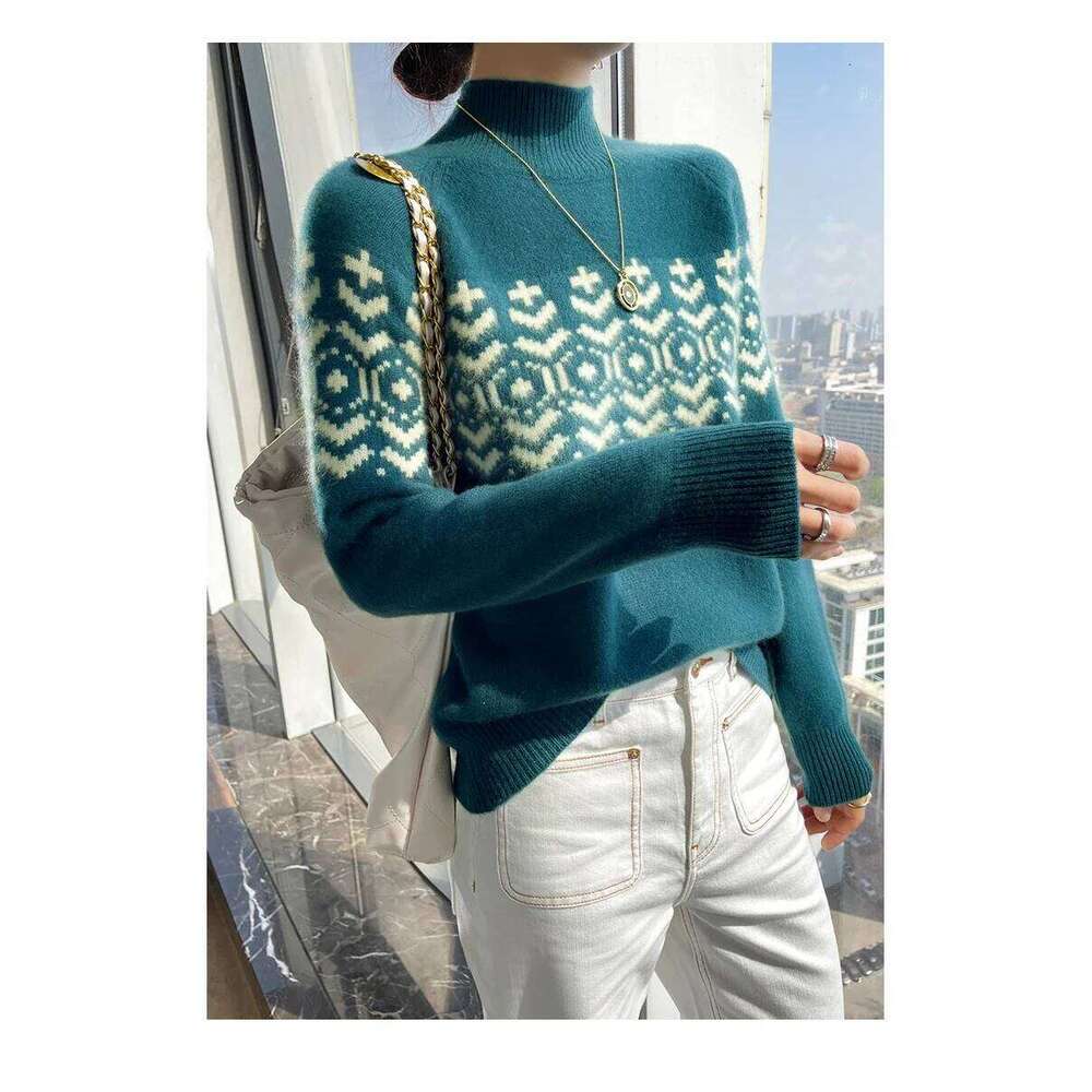 Women's 100% Pure Cashmere Jacquard Thick Knitted Loose Bottom High Neck Sweater For Autumn And Winter New Arrival 251022