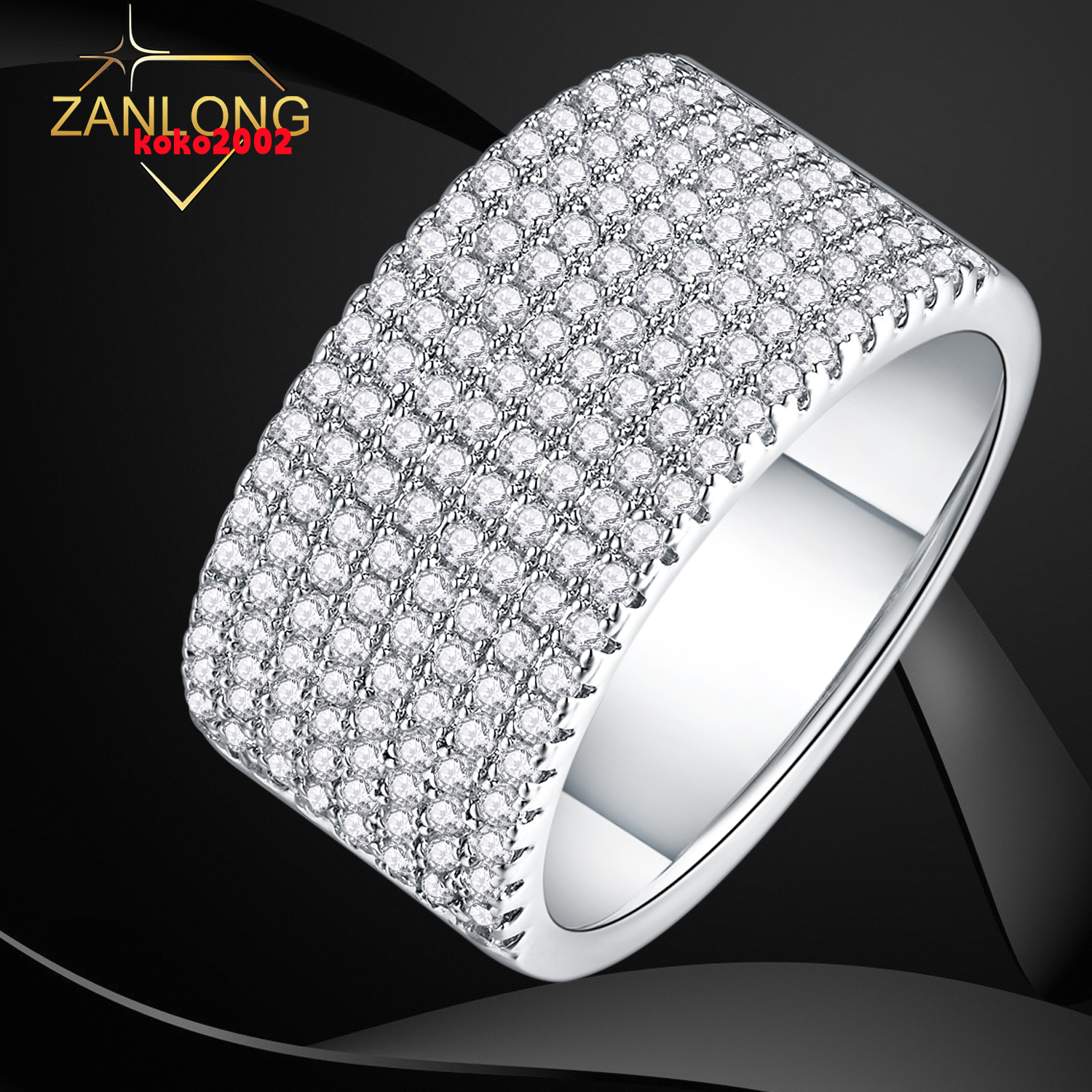 Zanlong 13691 Women Jewelry Iced Out 18k Gold Plated 925 Silver With GRA VVS Moissanite Diamond Half Eternity 8 Rows Ring Men