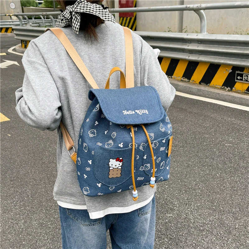 Sanrio Sanrios Hellokittys Large Denim Backpack for Women Cute Cartoon Bucket Bag Durable Handbag for Travel and Daily Use Girls Gifts L251022