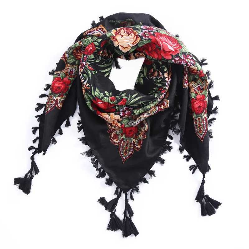 9090cm Knot Tassel Russian Style Floral Print Square Scarf Women Traditional UKrainian Polish Shawl Babushka Bandana Head Wraps J251118