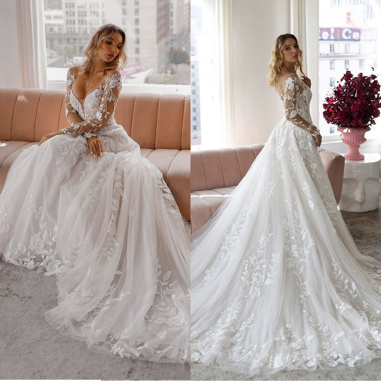 Classic Floral Lace Wedding Dresses A Line V Neck Bridal Gowns Sweep Train Custom Made Garden Castle Dresses Long Sleeves for Special Occasion