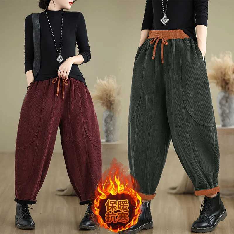 Corduroy Bloomers Women Loose Harlan New Elastic Waist Warm Retro Trousers Autumn Winter Fashion Big Pocket WideLeg PantsT251022