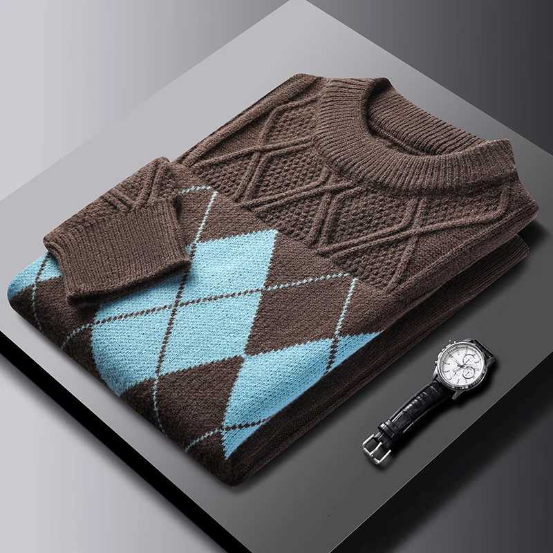 Personality checkered jacquard knitted mens sweater luxurious brand comfort warm new fashion color blocked round neck pulloverXJ251022